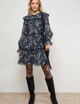 Women's Printed Lace Trim Pleat Detail Mini Dress in Black Size: 6 - Black - Size: 6 - OASIS - FashionsVida