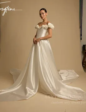 SSYTENS Elegant Satin Wedding Dresses For Woman Bride Off Shoulder 3D Flowers Bridal Gown Robe De Mariée Personalized Customized - Aliexpress - FashionsVida