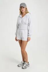 Womens Cinched Waist Zip Through Cropped Hooded Short Tracksuit - Grey Cotton - Size Small