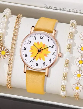 Set de 5 piezas de reloj de mujer con correa de piel de poliuretano amarilla, esfera minimalista floral de moda, conjunto de pulsera de reloj de cuarz - Shein - FashionsVida