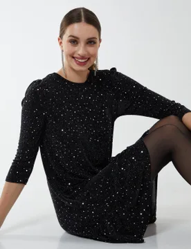 Tiered Hem Smock Midi Dress - 10 / BLACK/SILVER - female - Blue Vanilla - FashionsVida