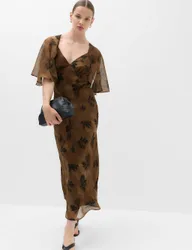 Floral Cape V-Neck Maxi Tea Dress Brown Mix female
