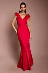 Feather Shoulder Detail V Neck Satin Maxi Dress - Red - Size: 10
