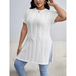 Women's Textured Mid Sleeved Short Sleeved-Shirt with Side Slit Casual Loose Top