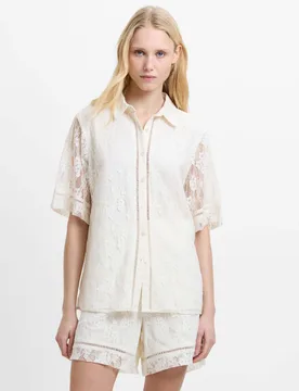 Floral Lace Collared Button Through Shirt Cream female - French connection - FashionsVida