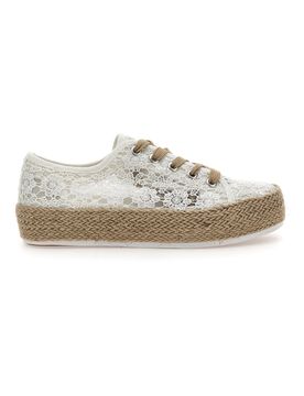 Sneakers Bianche e Beige Con Trama Ricamata e Flatform 122 37