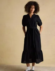 Pure Cotton Broderie V-Neck Midi Shirt Dress Black female
