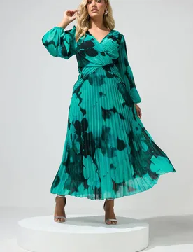 Women's Long Sleeve Pleat Maxi Dress in Teal Size: 16 - Teal - Size: 16 - Yours - FashionsVida