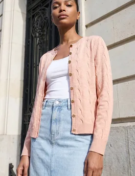 Textured Cable Knit Cardigan Sweater - Light Pink - Size: 16 - Roman - FashionsVida