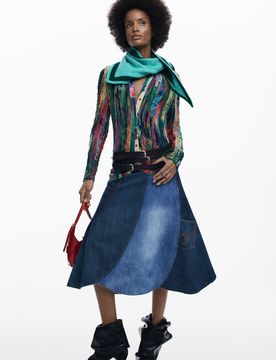 Falda denim patch, Mujer, Algodon, Azul, XS