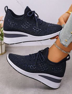 Zapatillas deportivas de estilo nuevo para mujer en otoño/invierno con cordones, con strass, cuña, suela gruesa, transpirables y cómodas para corre