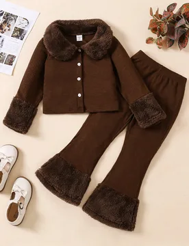 Chaqueta con parche de piel sintética en el cuello y puños, talla grande pantalones campana con parches de piel sintética, estilo de moda para niñ - Shein - FashionsVida