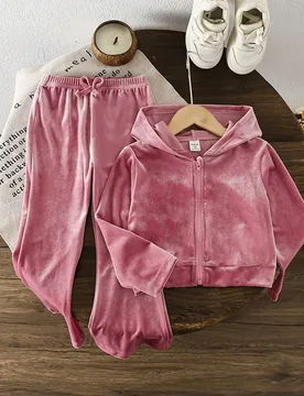 Set de 2 piezas de top con capucha de color liso y pantalones acampanados informales para niñas, otoño - Shein - FashionsVida