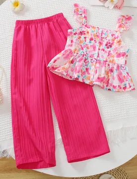 Piezas Conjunto de camisola y pantalones de pierna ancha con estampado floral, estilo princesa dulce para niña joven, con doble capa de encaje en los - Shein - FashionsVida