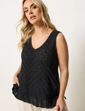Women's Pointelle Knitted Vest Top in Black Size: 30-32 - Black - Size: 30-32 - Yours - FashionsVida