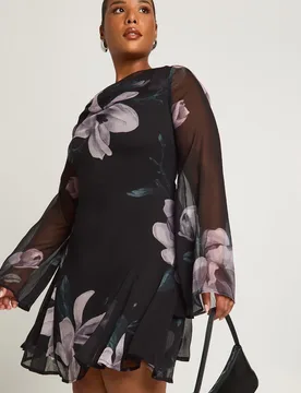 Womens Plus Floral Long Sleeve Chiffon Mini Skater Dress - Black - Size 24 Uk - Boohoo - FashionsVida