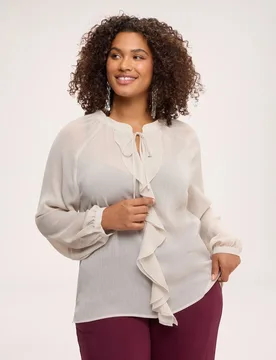 Blusa de mujer con lazo y volante volante central en la parte delantera y mangas largas - Fiorella Rubino - FashionsVida