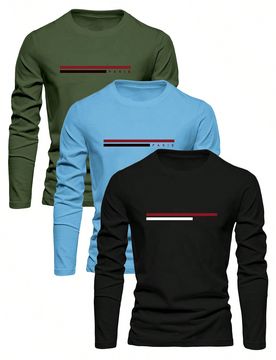 Camiseta casual de manga larga con cuello redondo y gráfico de letras para hombre, otoño