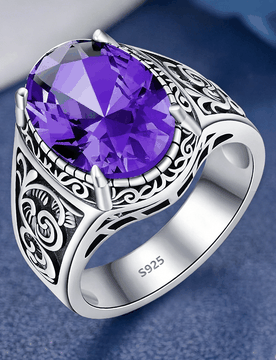 Pieza Anillo de plata de ley 925 con circonita cúbica púrpura incrustada, estilo vintage, diseño tallado con acabado ennegrecido, anillo unisex par