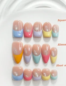 Piezas de uñas postizas estilo dopamina hechas a mano, set de uñas de polygel, punta francesa de colores, esmalte de uñas naranja, púrpura, azul y - Shein - FashionsVida