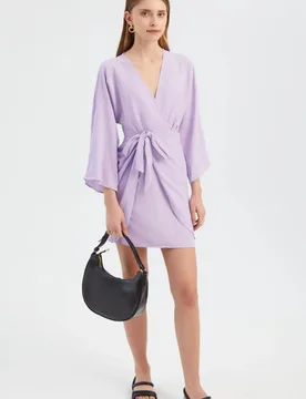 Womens V Neck Balloon Sleeves Mini Wrap Dress - Lilac - Size Large - Hiccup - FashionsVida