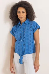 Embroidered Tie Front Cotton Shirt - Blue - Size: 16