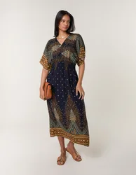 Peacock Print Dress - S / NAVY - female