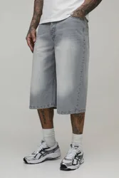 Herren Hohe Longline Denim-Jorts Light Grey Größe 38