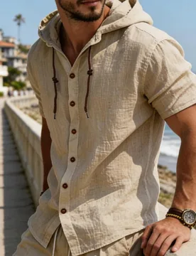 Camisa con capucha de manga corta y abotonadura para hombre, en color blanco, de tela transpirable, una pieza de moda para capas, adecuada para uso ca - Shein - FashionsVida