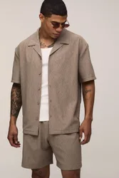 Herren Übergroßes Hemd Und Entspannte Mittelllange Plissierte Shorts Set Stone Größe Large