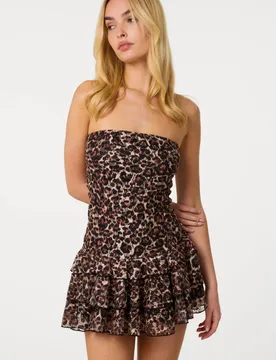 Women's Brown Leopard Lace Bandeau Dress Size: Small - Brown - Size: S - Pink Vanilla - FashionsVida