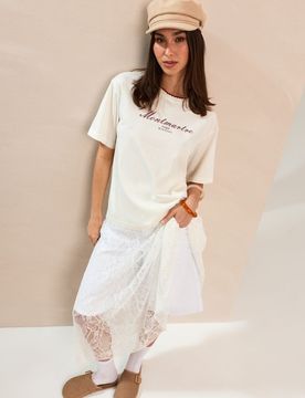 T-shirt in cotone con finitura a contrasto - panna