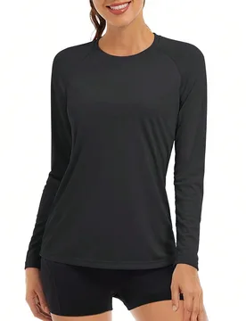 Blusa de manga larga para mujer de verano con protección UPF50+, secado rápido, 100% poliéster, ligera y transpirable, cuello redondo ajustado, dis - Shein - FashionsVida