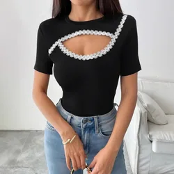 Summer new solid color decorative patch round neck short sleeve fashionTWomen's T-shirt