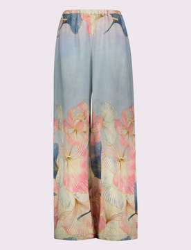Pantalone in lino con stampa donna rosa-cielo