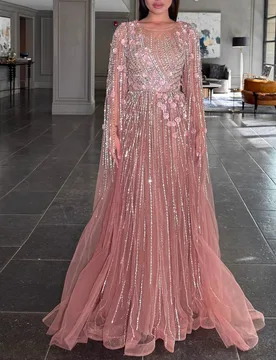 Customized Luxury Dubai Pink Evening Dresses with Cape Sleeve O Neck Beaded Wedding Party Gown Tulle فساتين سهرة - Aliexpress - FashionsVida