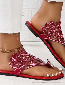 Exquisitas sandalias planas de lujo con mariposa de strass para mujer. La parte superior presenta un diseño calado, adecuado para reuniones casuales, - Shein - FashionsVida
