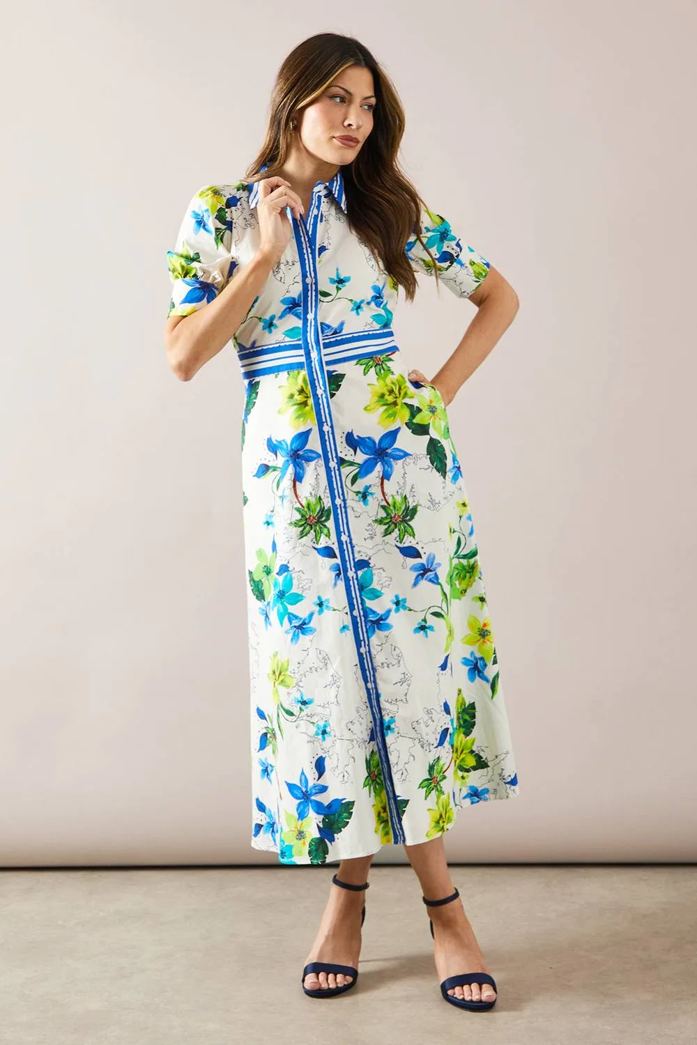 Floral Print Button Midi Shirt Dress - Ivory - Size: 18 - Wallis - FashionsVida