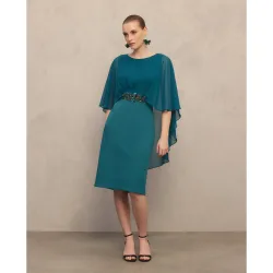 Vestido corto elástico capa broche cintura de mujer