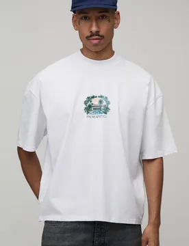 Men's Oversize Boxy Palm Springs Print T-Shirt White Size Large White L - boohooMAN - FashionsVida