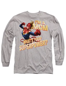 Captain Mother's Day Mom Superpower Long Sleeve T-Shirt, Athletic Heather - Light Grey - Size: M - Marvel - FashionsVida