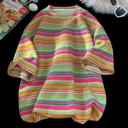 Kg Wearable Summer Striped Print Women O Neck Short Sleeve T Shirt Rainbow Fashion Harajuku Casual 2xl Oversized Clothing Top