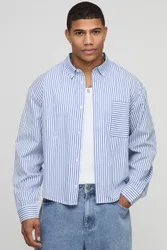 Herren Oversized Boxy Gestreiftes Langarmhemd mit gebogenem Saum Navy Größe Large