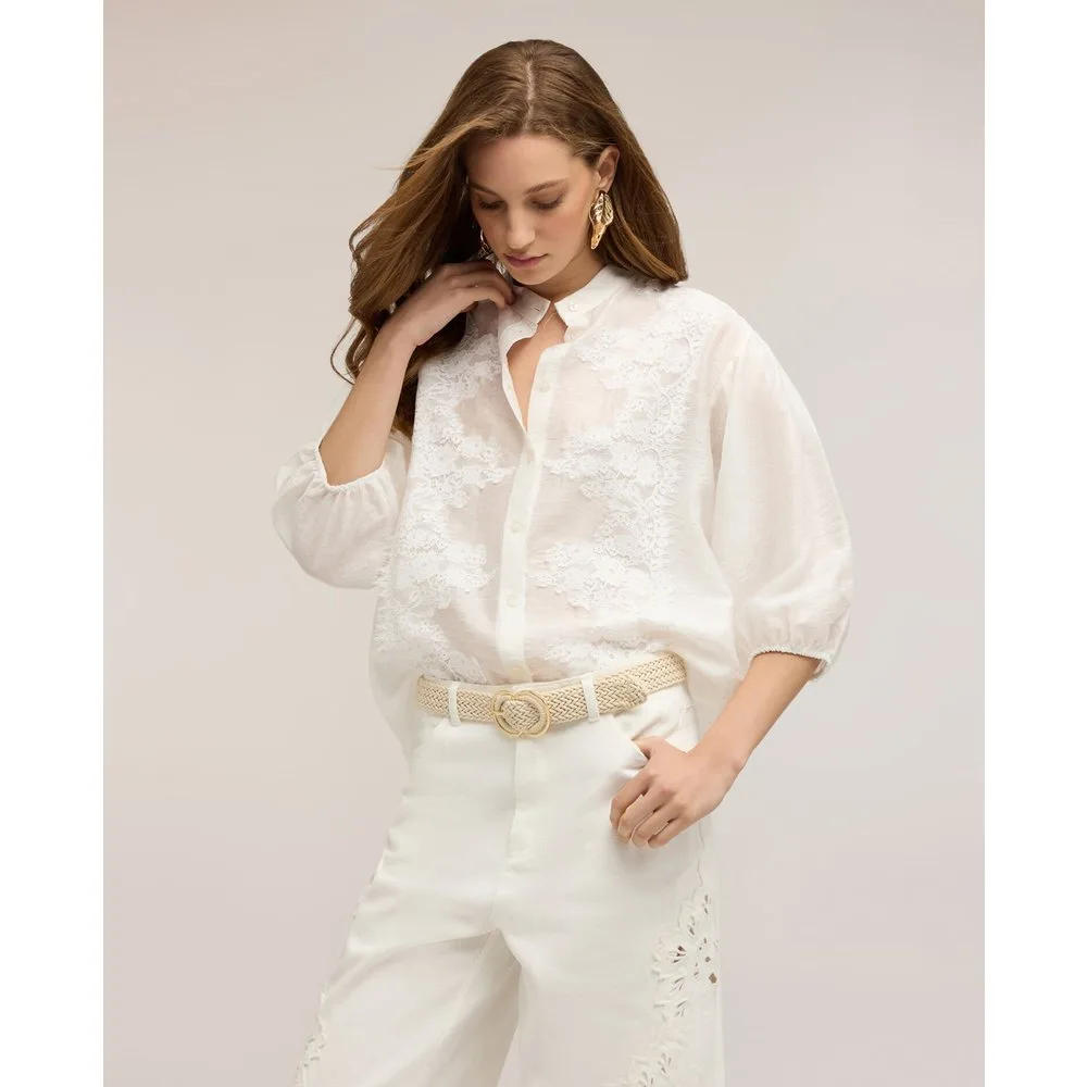 Camisa de mujer mezcla lyocell con encaje ajuste oversize cierre frontal con botones - Motivi - FashionsVida