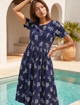Women's Leaf Print Smock Midi Dress in Navy Size: 18 - Navy - Size: 18 - Roman - FashionsVida