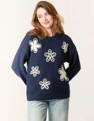 Jumper With Embroidered Flowers - S/M / NAVY - female