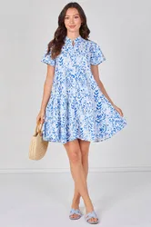 Women's Sky Blue Leaf Print Tiered Mini Dress Size: Small - Blue - Size: S