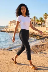 Womens 3/4 Length Stretch Elastic Waist Trouser - Black - Size 12 Uk