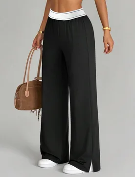 Pantalones deportivos cómodos y estilizadores con diseño de abertura lateral y cintura elástica alta en color negro versátil y casual - Shein - FashionsVida