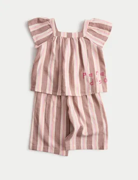 Piece Pure Cotton Stripe Outfit (0-5 Yrs) Brown Mix Female - M&S - FashionsVida